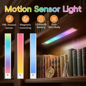 Indoor USB Rechargeable Motion Sensor Under Cabinet LED Lights with Dimmable Brightness for Bookshelf Hallway