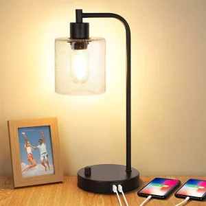 Industrial Bedside Table Lamp for Bedroom Nightstand Lamps with USB C Charging Port Small Desk Glass Shade Office Living Room