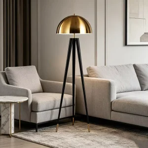 Iron Tripod Floor Lamp Black and Gold Dome Shaped Standing Light for Living Room Bedroom Lobby and Hotel Home Decor