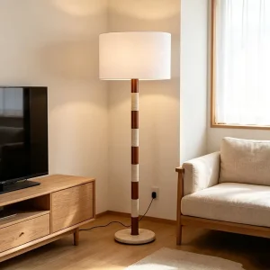 Iron Wood and Travertine Floor Lamp Striped Pole Standing Light with Fabric Shade for Home Living Room Bedroom Decor