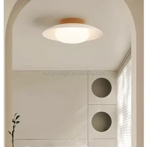 Japanese Nordic Solid Wood PC Shade Dimmable LED Semi-Flush Mount Ceiling Light for Bedroom Entryway