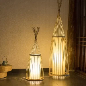 Japanese Style Farmhouse Handmade Natural Woven Rattan Art Fabric Lamps Shade Standing Floor Light Bamboo Lamp for Living Room