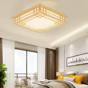 Japanese Style Modern LED Light Fixture Wood Base Acrylic Cover Adjustable Height Multi Color Temp Remote Control Ceiling Lights