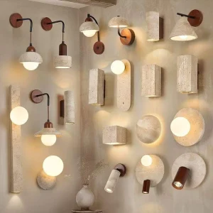 Japanese Wabi Sabi Wall Sconce Yellow Travertine Bedroom Bedside Marble Stone Warm White Wall Lamp LED for Corridor Lighting