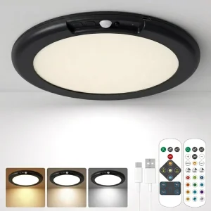 KC CE FCC Certificated Ceiling Lighting Rechargeable Motion Sensor Light with Remote Wireless 3CCT LED Closet Shower Light Black