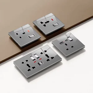 KESHIQI 86mm 146mm Grey CE Certified Industrial Luxury Tempered Glass Electric Wall Socket Switch for Apartment & Villa Projects