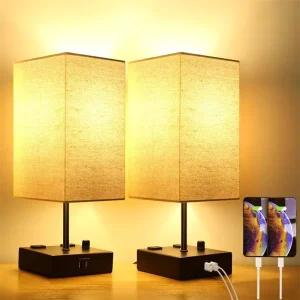 Knob Switch Smart Modern Fabric Shade Outlet Square Metal Base Table Beside Lamp 2USB LED Table Lamp for Restaurant