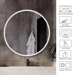 LED Bathroom Mirror Touch Sensor Switch Aluminum Alloy Frame Adjustable Color Temperature 3000K-6000K for Salon Hotel