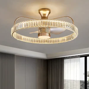 LED Ceiling Fan Light with Three-Color Dimming, Remote Control, 6 Speeds, Copper, and Crystal Material