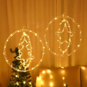 LED Christmas Lights Hanging Lights 3D Pentagram Moon Elk Snowflakes for Christmas Windows Holiday Gifts and Decorations