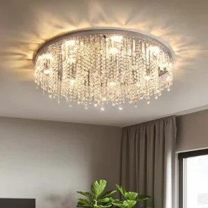 LED Crystal Ceiling Chandelier with Stainless Steel Base for Living Room and Bedroom