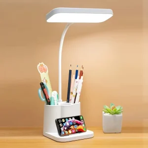 LED Desk Lamp DC Rechargeable Simple Cordless Dimmable Eye Caring Touch Control Pen Holder Phone Mount 3 Colors Office Study