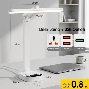 LED Desk Lamp Learning and Reading Desk Lamp with Socket and USB Ports 1.8 Meters Power Strip