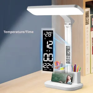LED Desk Lamp with Digital Clock Dimmable Eye Caring Light with Pen Holder USB Charging for Study Home