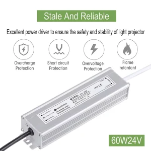 LED Driver 60 Watts 24V DC Low Voltage Transformer Waterproof IP67 LED Power Supply Adapter with 3 Prong Plug 3.3 Feet Cable