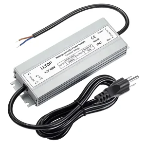 LED Driver 60W Waterproof IP67 AC 100-264V to 12V DC 5A Ultra-Thin Power Supply Adapter for Outdoor LED Lights and Computer Projects