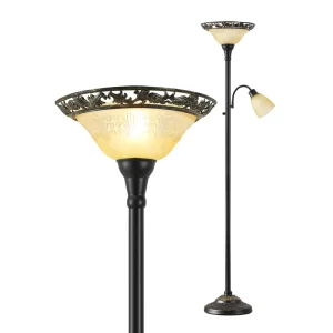 LED Farmhouse Floor Lamp Torchiere Etched Glass Shade Metal Pole Heavy Base Adjustable Height