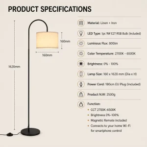 LED Floor Lamp Elegant Living Room & Bedroom Fabric Shade Floor Lamp Minimalist RGB Ambient Lighting
