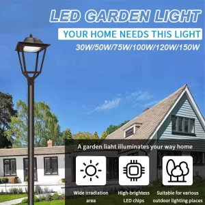 LED Garden Pole Light IP66 IK08 75W 100W 120W Post Top Fixture for Park Walkway and Residential Landscape Projects