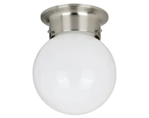 LED Globe Flush Mount Ceiling Light Satin Nickel Finish Opal Glass Shade Dimmable Steel Base AC Powered