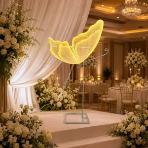 LED Illuminated Butterfly Wedding Aisle Pathway Guide Light, White Gold Mesh Wings, Adjustable Height Event Decor Floor Lamp