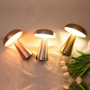LED Mushroom Table Lamp Touch Dimmable Cordless Iron Metal Rechargeable Bedside Lamp