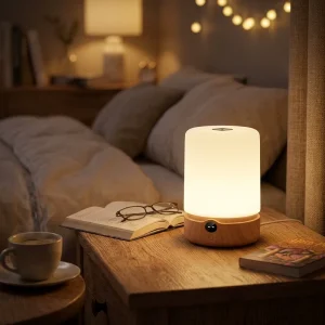 LED Night Light Wooden Base Soft White Shade Touch Control USB Powered for Home