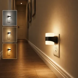 LED Night Light with Creamy White Housing Dusk-to-Dawn Sensor Dim 3CCT Wall Plug for Hallway