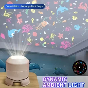 LED Ocean Projector Light 360° Rotating Dynamic Night Light USB Powered Ambient Lamp for Game Room and Living Room