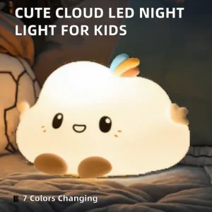 LED Silicone Cloud Night Light with Touch Control, Battery Powered, for Kids’ Bedrooms