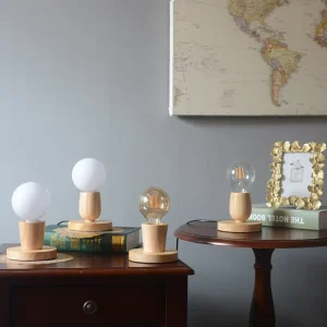 LED Solid Wood Table Lamp Base In-Line Lighting Accessory Switch Battery Powered E27 Screw for Reading and Study