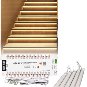 LED Stair Lighting Controller for 32 Steps with Human Sensor, 15m Strip, Remote, 400W Max Load, 6A