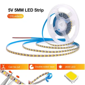 LED Strip Light 5mm Wide Ultra Thin High Brightness Self Adhesive Flexible LED Tape Light 10m Length for Home Decorative