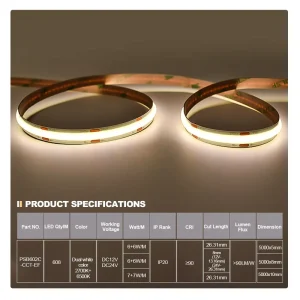 LED Strip Light COB CCT 2700K 6500K IP20 Copper Mirror Lighting Room Ambiance Flexible LED Strip with Wi Fi Dimmable