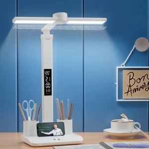 LED Table Lamp Bedroom Desk Lamp for Student Reading with Mobile Phone and Pen Holder and LED Clock and Calendar and Thermometer
