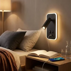 LED Wall Lamp with USB Charging Port 10W+3W Rotatable Reading Spotlight Ambient Backlight Modern Wall Sconce for Bedroom Hotel