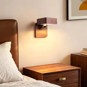 LED Wooden Sensor Night Light with Off-White Shade, Magnetic Stick-On Design