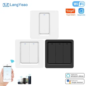 LangYeao 1 2 3 Gang Tuya WiFi Smart Light Button Switch No Neutral Neutral Wire Works with Alexa Google Home