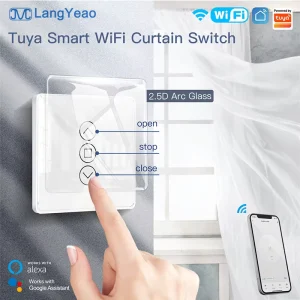 LangYeao WiFi Smart 2.5D Arc Glass Touch Panel Curtain Switch for Roller Blinds Shutters APP Control Work With Alexa Google Home