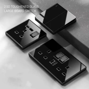Large Panel Electric Switch and Socket with Fan Speed Switch, Black UK 13A Wall Light Switch Socket, 2-Gang USB-C