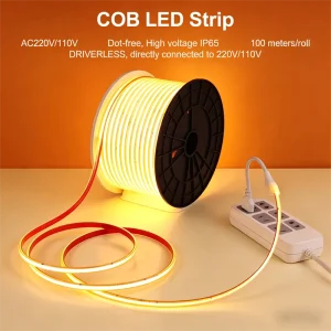 Led Strip 220v 110V Driverless Ip65 Waterproof Dot Free 296led 100m Roll Cob Led Light Strip 220v