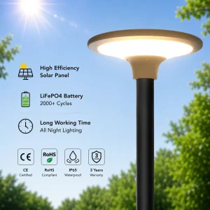 LiFePO4 Battery 2000+ Cycles Solar Post Light Round UFO Design IP65 All-Night Lighting for Garden Park Path