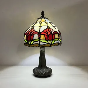 LongHuiJing for Style Mini LED Table Lamp Tulip Flower Stained Glass Lampshade Home Decoration Living Room Desk Light