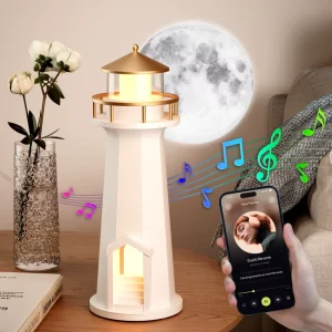 Lonvel Rechargeable LED Table Lamp Moon Lamp Projector Night Light APP Control Wireless Charging Battery Lighthouse for Bedroom