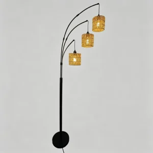 Luxury 3-Light Arc Floor Lamp with Handwoven Paper Rope Shades Modern LED E27 Base 3500K Warm White for Living Room Bedroom