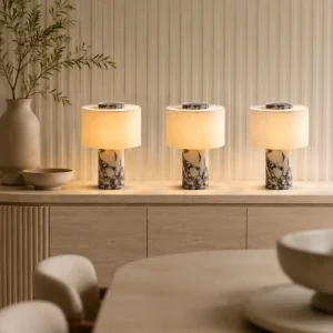 Luxury Alabaster Brass Table Lamp with Modern Fabric Shade LED Warm White Decorative Bedside Light for Living Room Bedroom