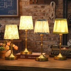 Luxury Creative Home Decorative Cordless Table Lamp with Fabric Shade Hotel Bedside Golden LED Table Light