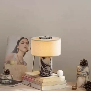Luxury Marble Table Lamp with Fabric Shade Modern Decorative Bedside Light for Living Room & Bedroom