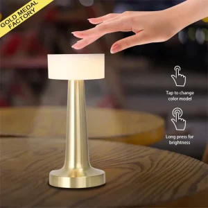 Luxury Modern Retro Metal LED Table Lamp with Touch Sensor Dimmer Rechargeable Battery Operated Round Shade Design Restaurant