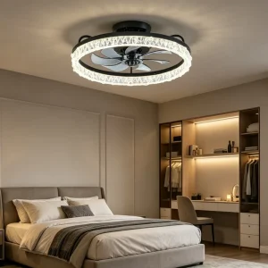 Luxury Round Crystal Hidden Blade Ceiling Fan Light Modern Decorative LED Lamp for Home Bedroom Dining Room